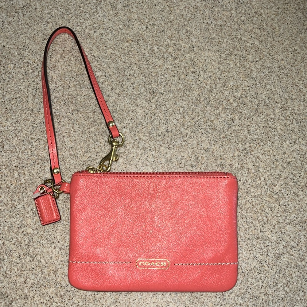 Coach Orange Red Leather Wristlet New